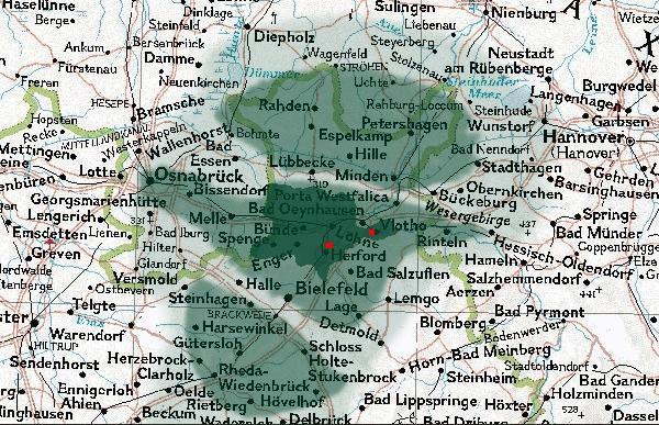 Landkarte mit der geschätzen Reichweite. Guter Empfang außerhalb des Kreises Herford in Städten wie Bielefeld, Bad Salzuflen, Porta Westfalica, Minden, Petershagen, Espelkamp, Rahden, Melle, Gütersloh. Mit Einschränkungen Empfang möglich in Osnabrück, Lage, Lemgo, Rinteln